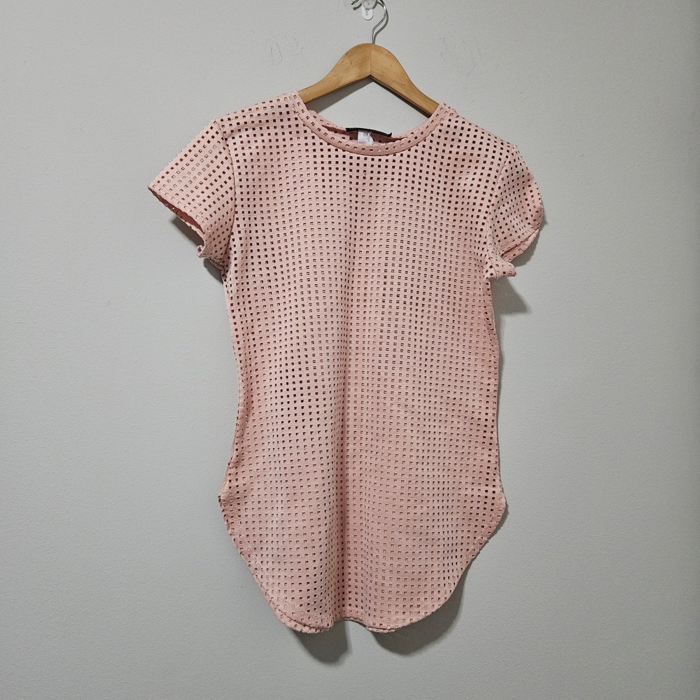 Touch Me Pink Laser Cut Perforated Short Sleeve Top Mesh Curved Hem XL